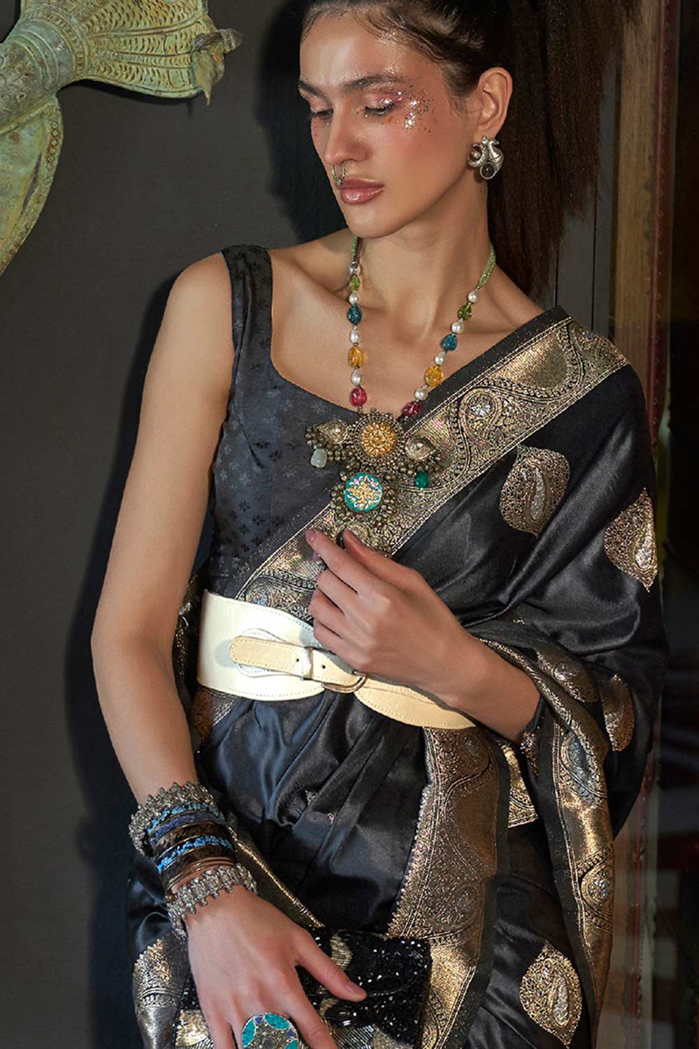 Buy Durga Black Art Silk Paisley One Minute Saree Online