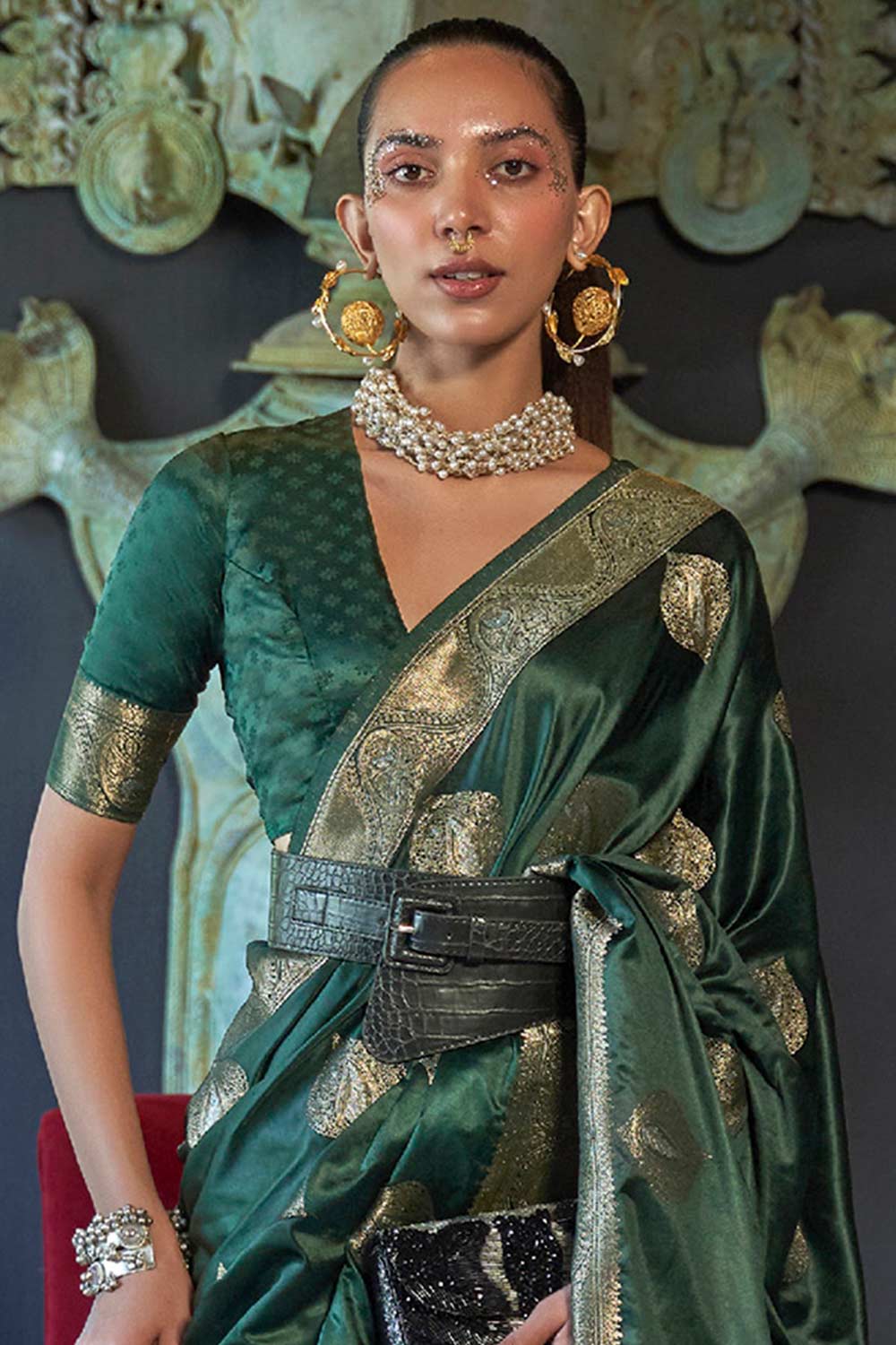Buy Jodi Green Art Silk Paisley One Minute Saree Online