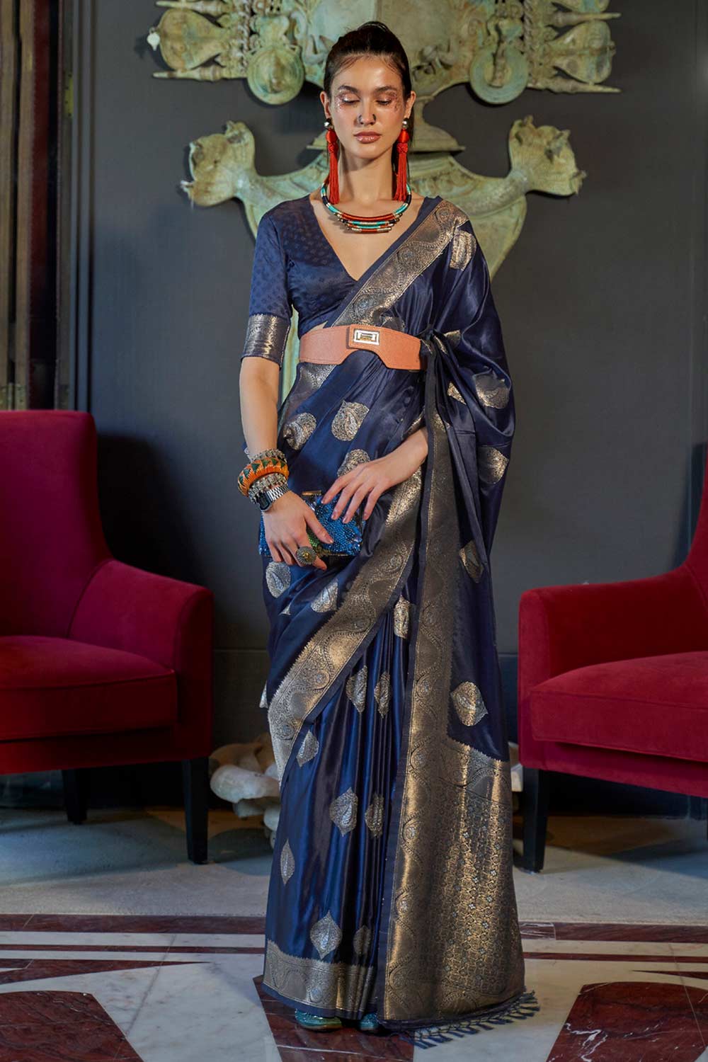 Shop Brinda Navy Blue Art Silk Paisley One Minute Saree at best offer at our  Store - One Minute Saree