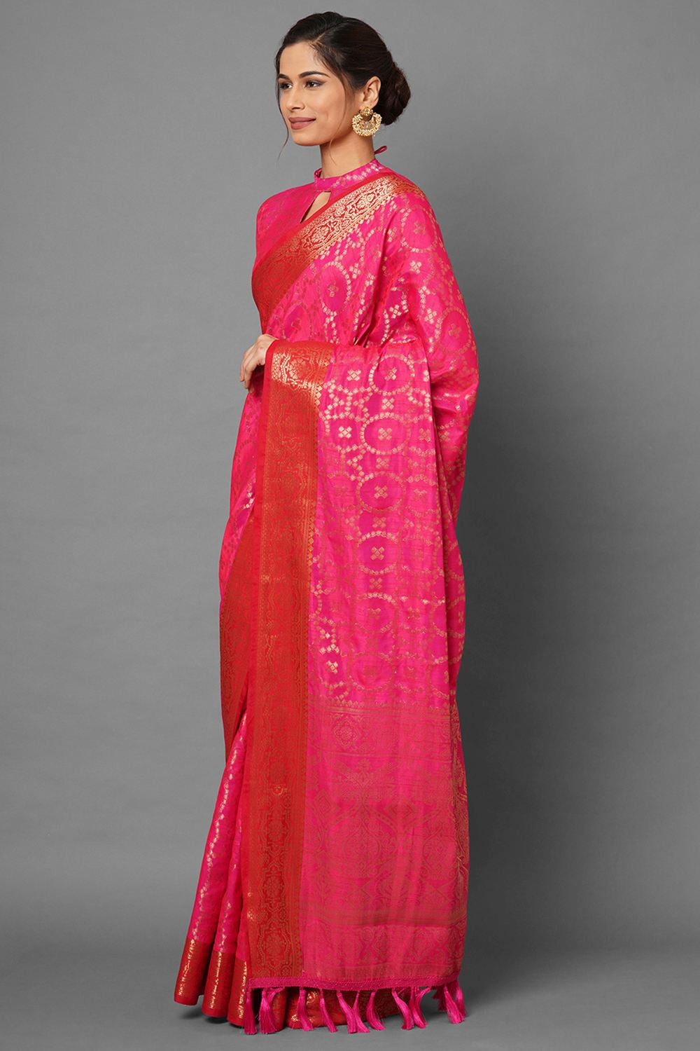 Buy Ruchi Pink Woven Silk Blend One Minute Saree Online - Front