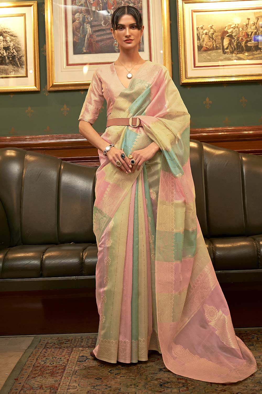 Buy Patty Pink Striped Organza Banarasi One Minute Saree Online - One Minute Saree