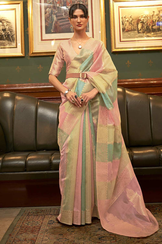 Buy Patty Pink Striped Organza Banarasi One Minute Saree Online - One Minute Saree