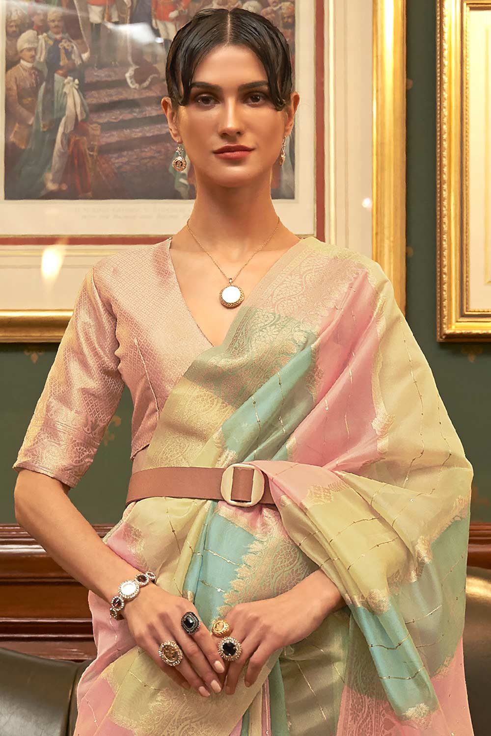 Buy Patty Pink Striped Organza Banarasi One Minute Saree Online