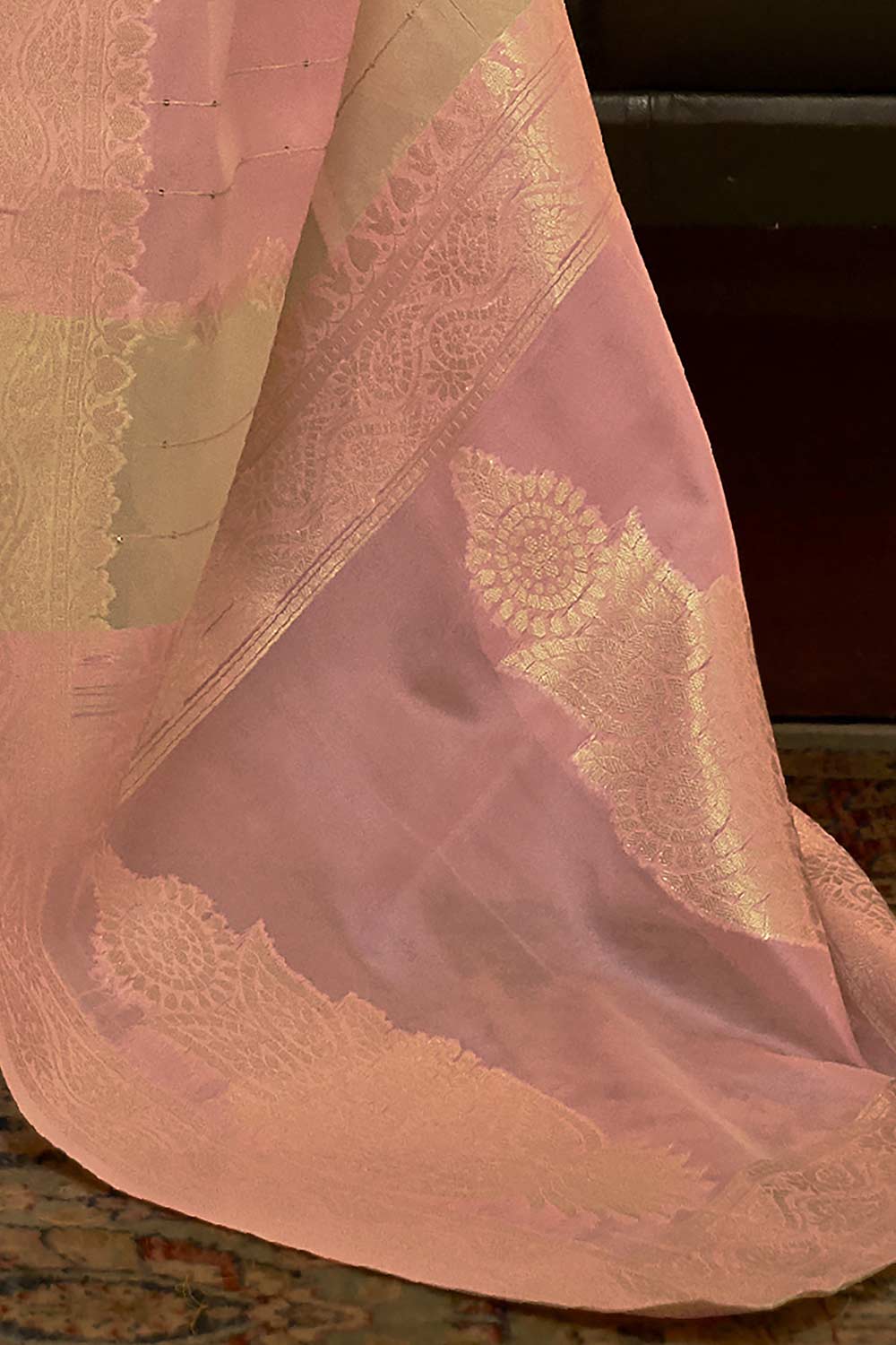 Buy Patty Pink Striped Organza Banarasi One Minute Saree Online - Back