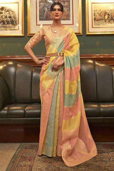 Buy Molly Peach & Multicolored Striped Organza Banarasi One Minute Saree Online - One Minute Saree