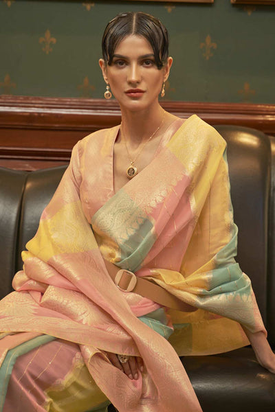 Shop Molly Peach & Multicolored Striped Organza Banarasi One Minute Saree at best offer at our  Store - One Minute Saree