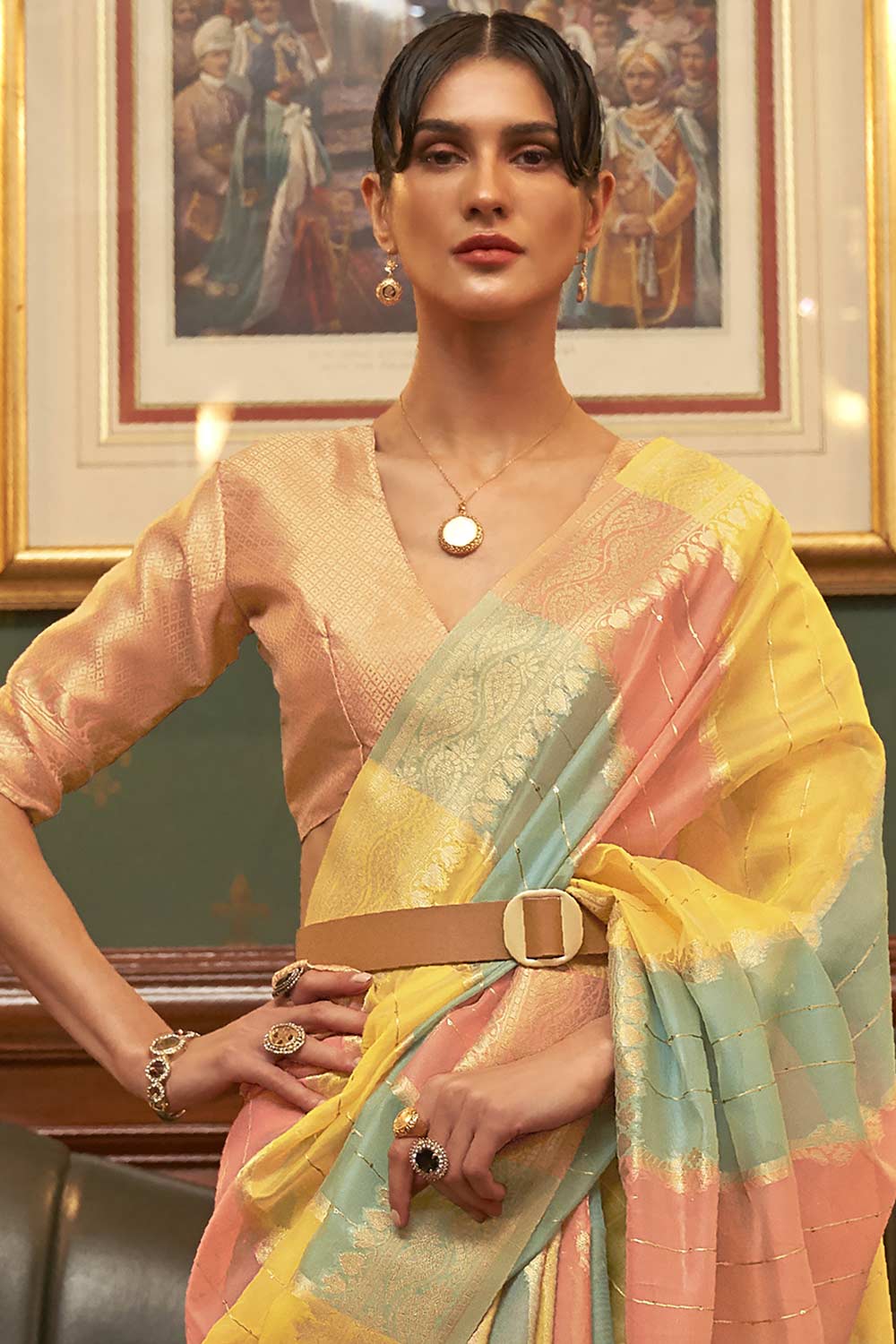 Buy Molly Peach & Multicolored Striped Organza Banarasi One Minute Saree Online