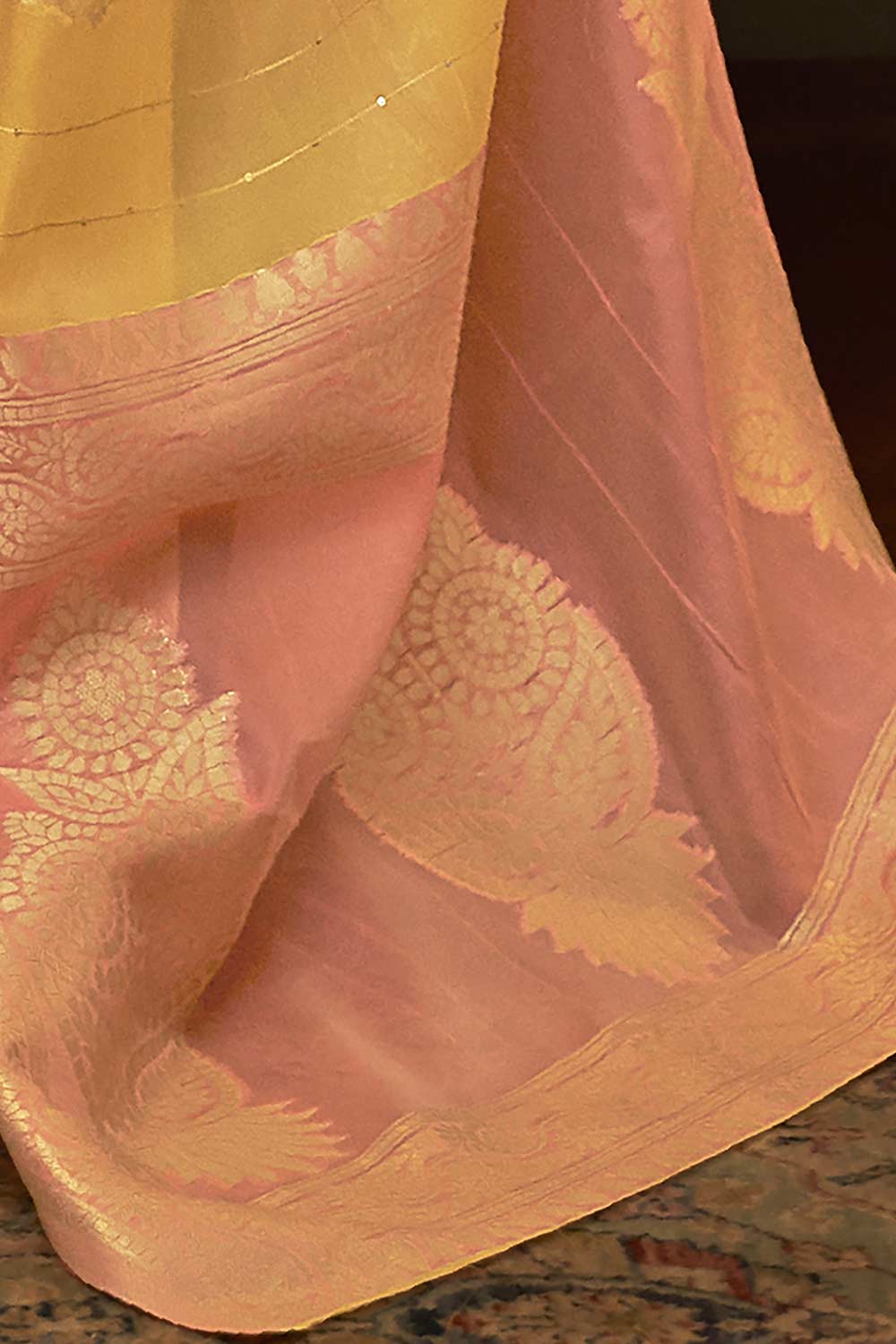 Buy Molly Peach & Multicolored Striped Organza Banarasi One Minute Saree Online - Back