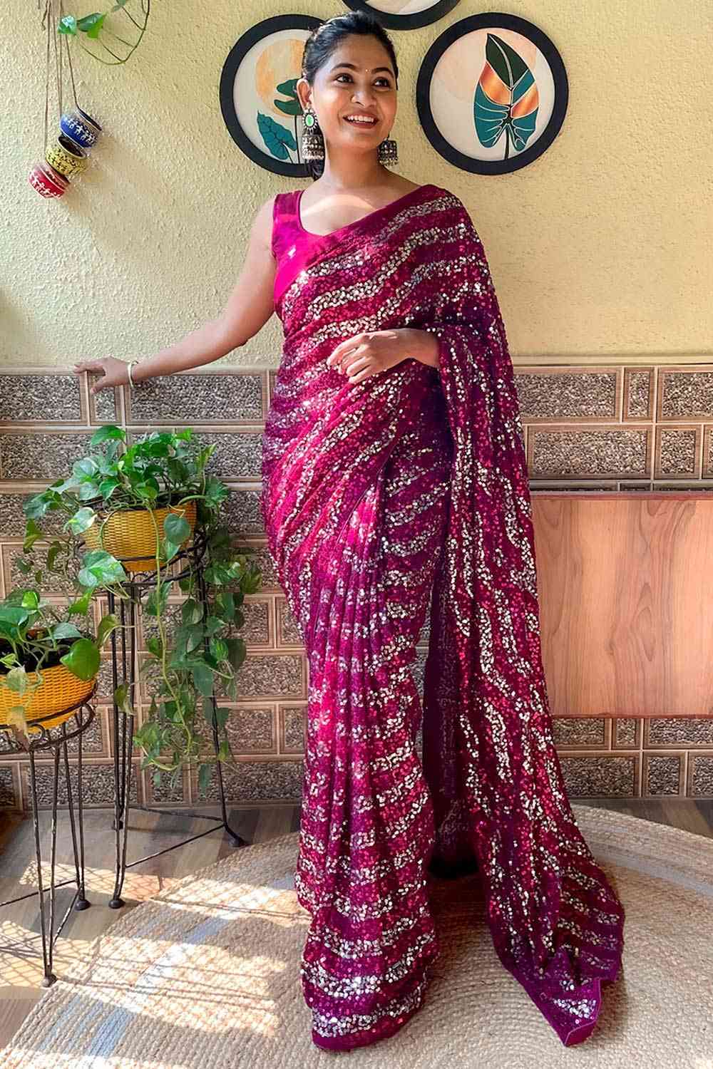 Buy Zina Pink Georgette Sequin One Minute Saree Online - One Minute Saree