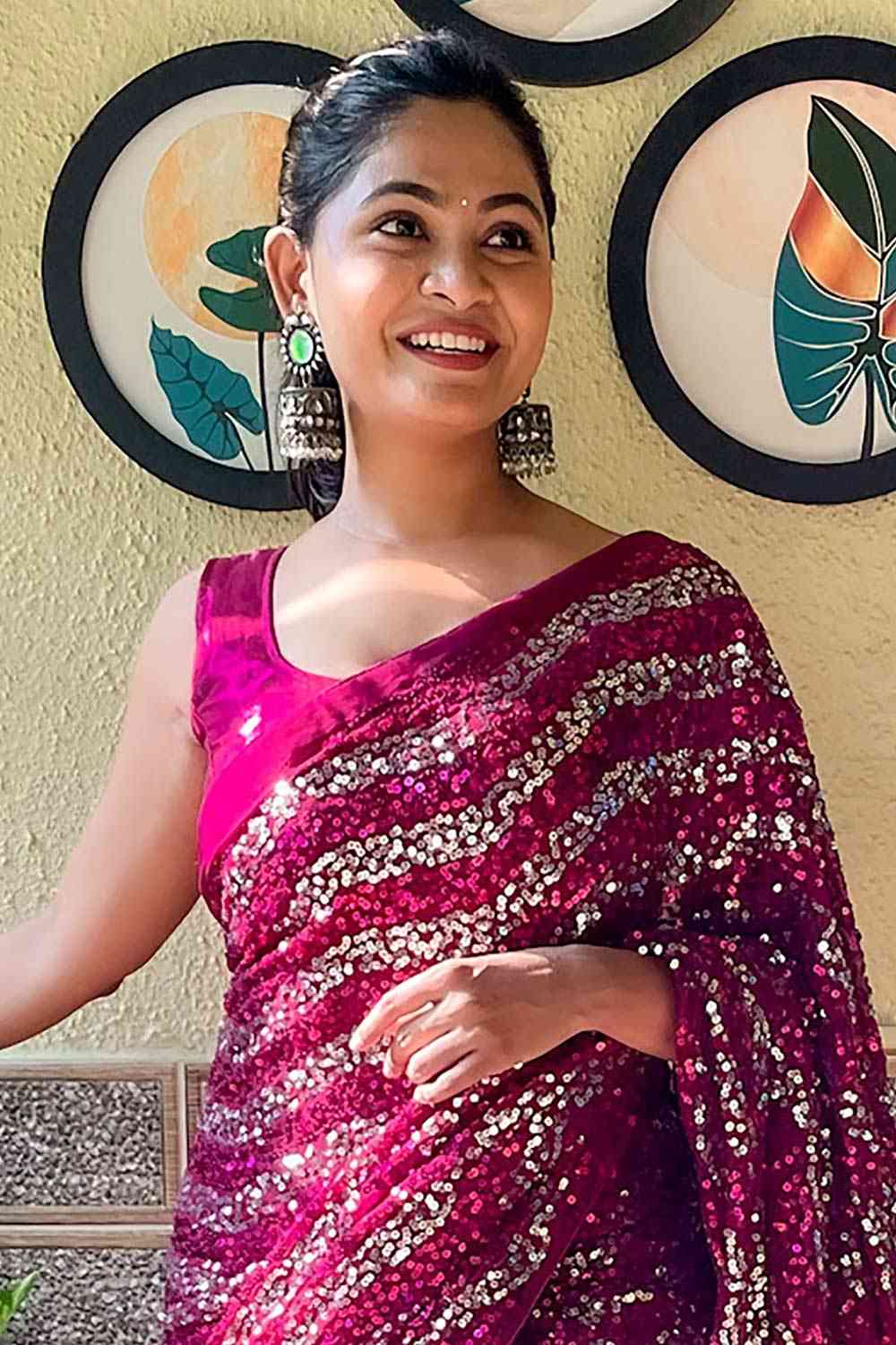 Buy Zina Pink Georgette Sequin One Minute Saree Online