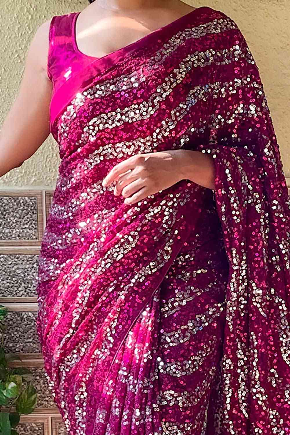 Buy Zina Pink Georgette Sequin One Minute Saree Online - Back