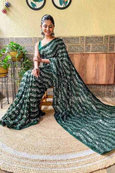 Shop Myra Green Georgette Sequin One Minute Saree at best offer at our  Store - One Minute Saree
