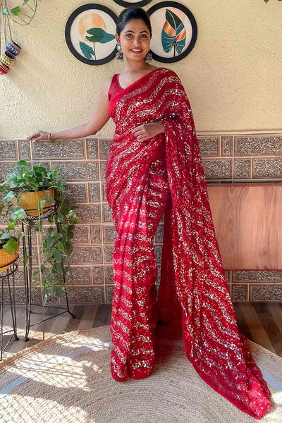 Buy Radia Red Georgette Sequin One Minute Saree Online - One Minute Saree