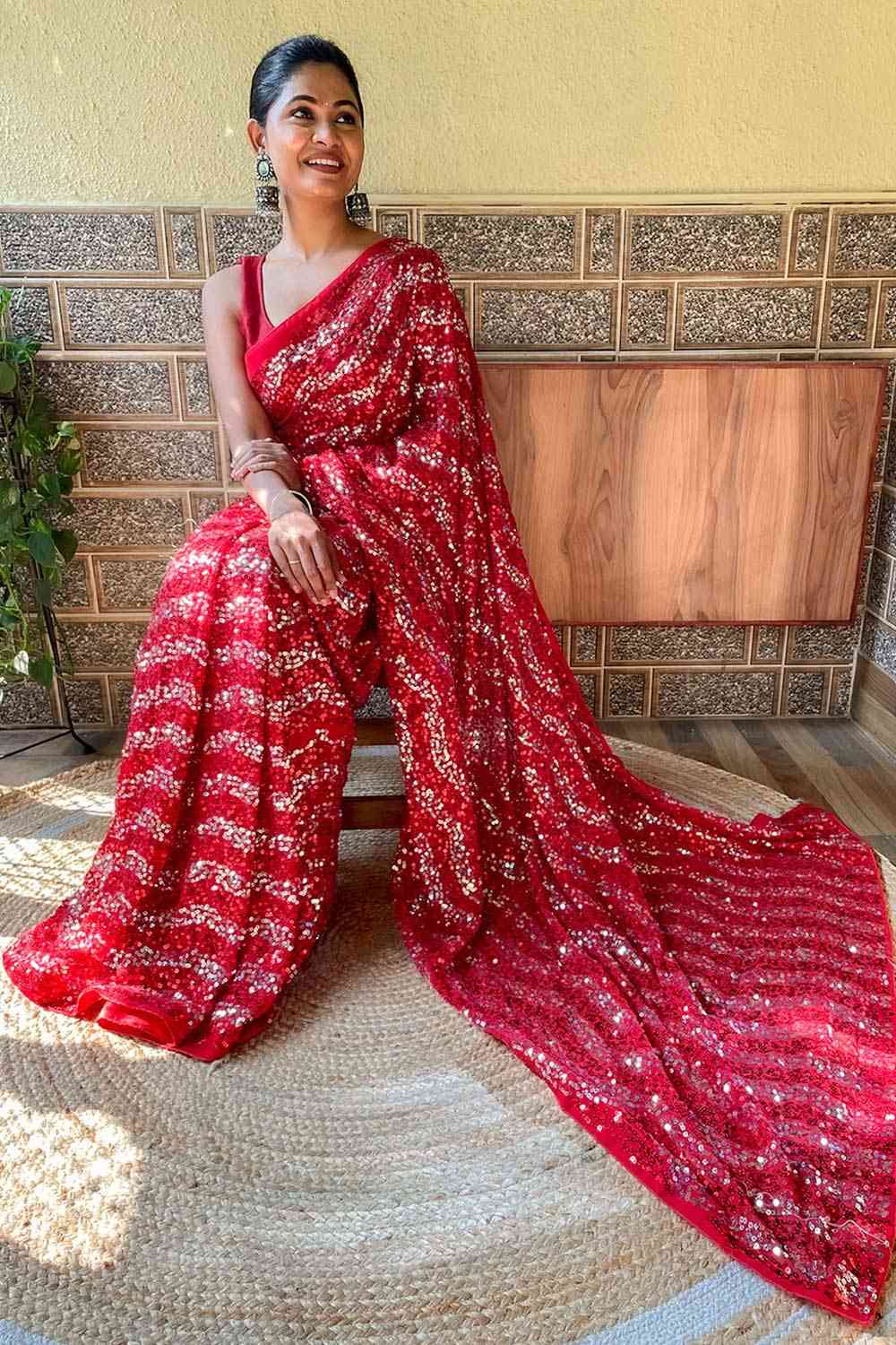 Shop Radia Red Georgette Sequin One Minute Saree at best offer at our  Store - One Minute Saree