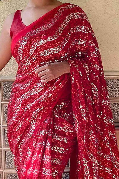 Buy Radia Red Georgette Sequin One Minute Saree Online - Back