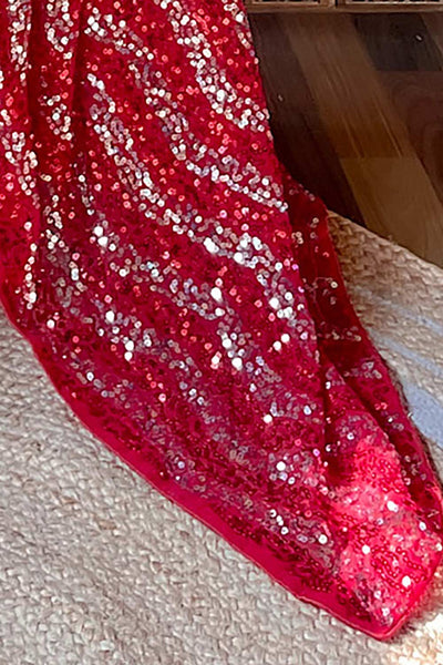 Buy Radia Red Georgette Sequin One Minute Saree Online - Front