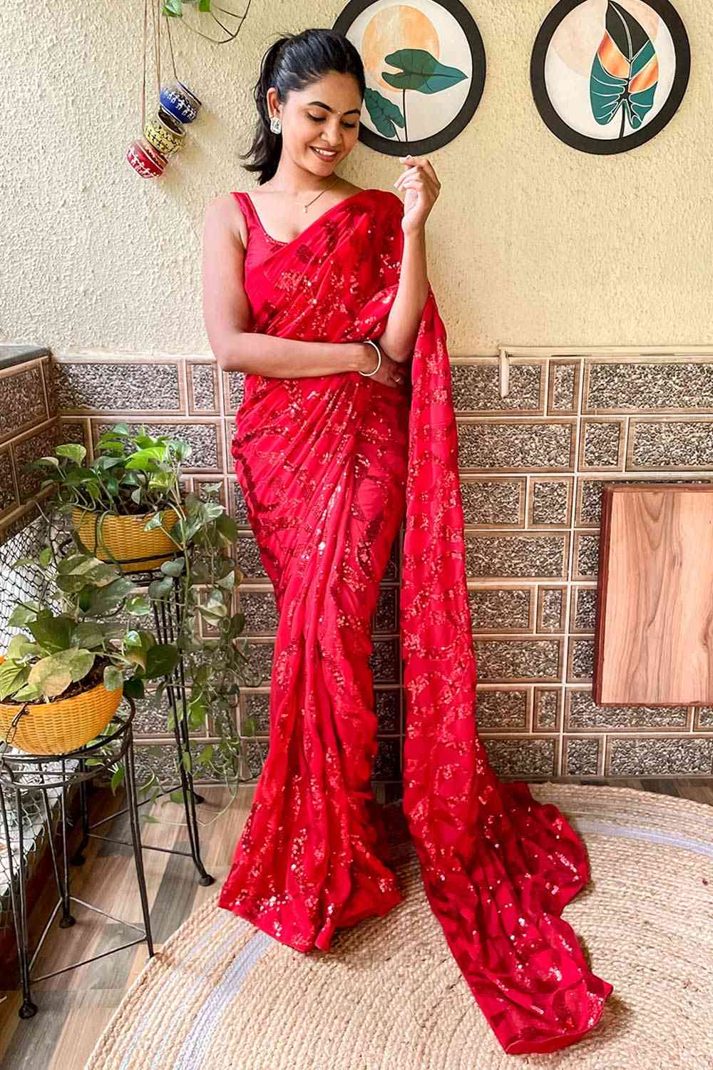 Buy Rhonda Red Georgette Sequin One Minute Saree Online - One Minute Saree