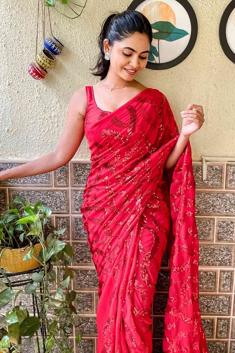 Buy Rhonda Red Georgette Sequin One Minute Saree Online - Front