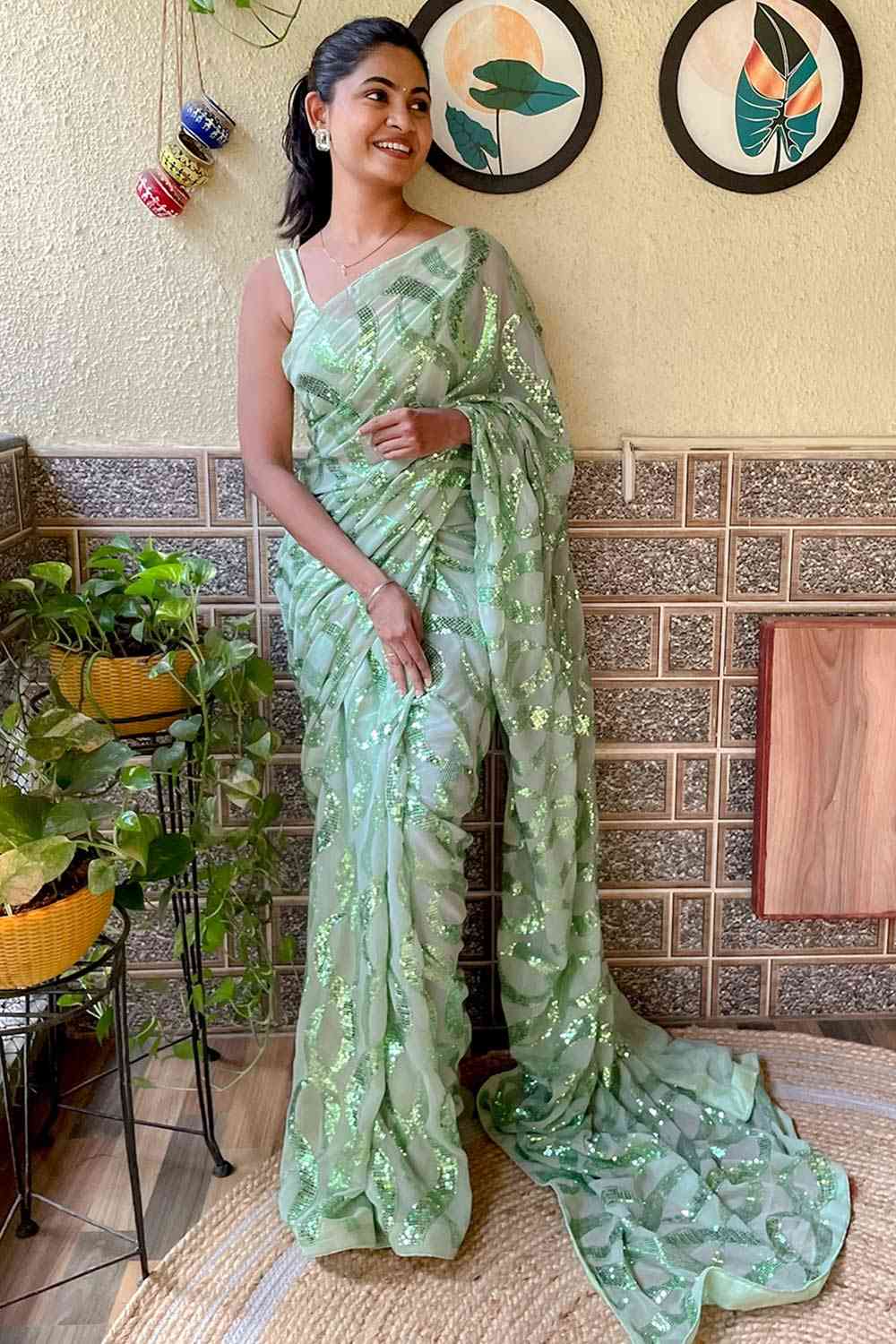 Buy Arielle Light Green Georgette Sequin One Minute Saree Online - One Minute Saree