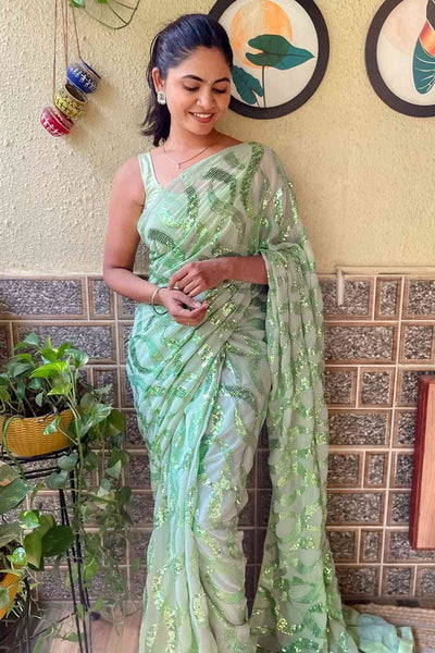 Shop Arielle Light Green Georgette Sequin One Minute Saree at best offer at our  Store - One Minute Saree