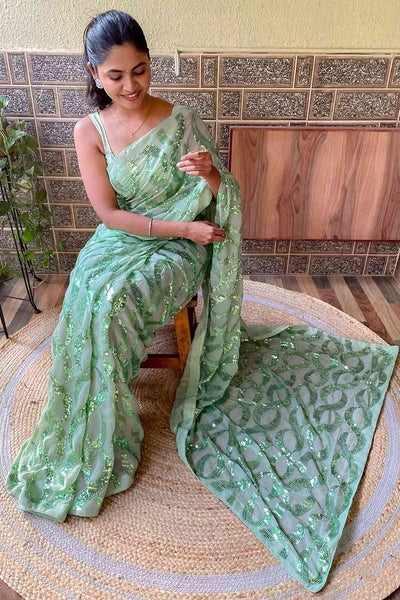 Buy Arielle Light Green Georgette Sequin One Minute Saree Online - Back