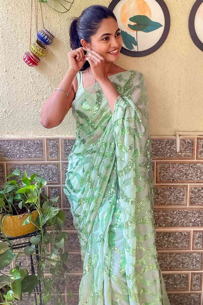 Buy Arielle Light Green Georgette Sequin One Minute Saree Online - Front
