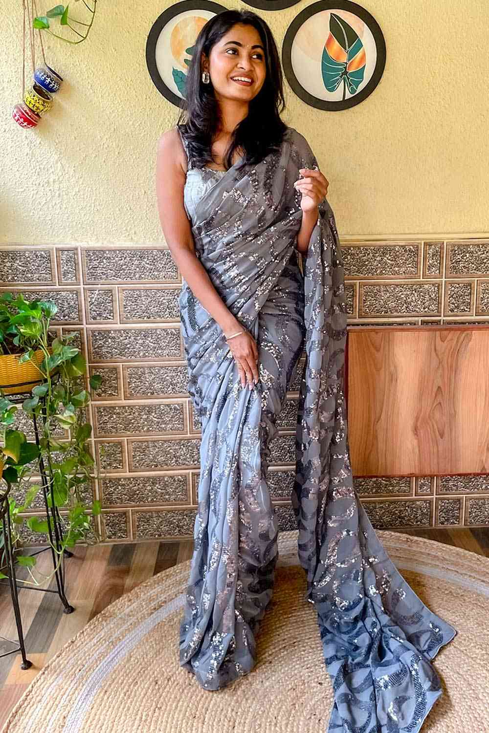Buy Gia Grey Georgette Sequin One Minute Saree Online - Front