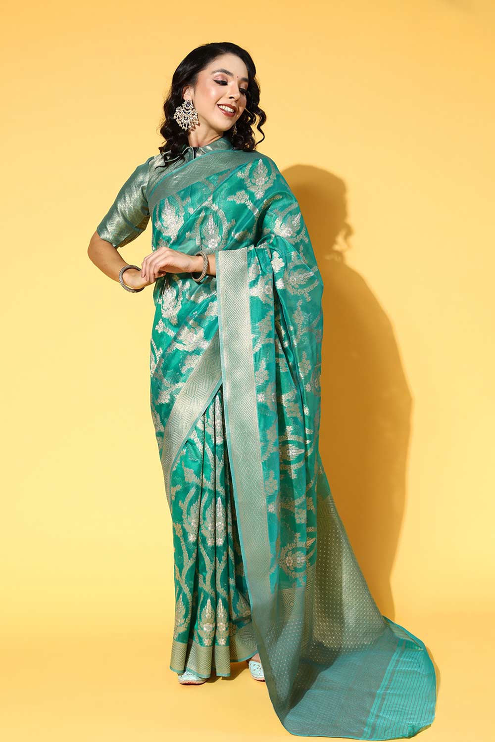 Buy Sweta Teal Green Organza One Minute Saree Online - One Minute Saree