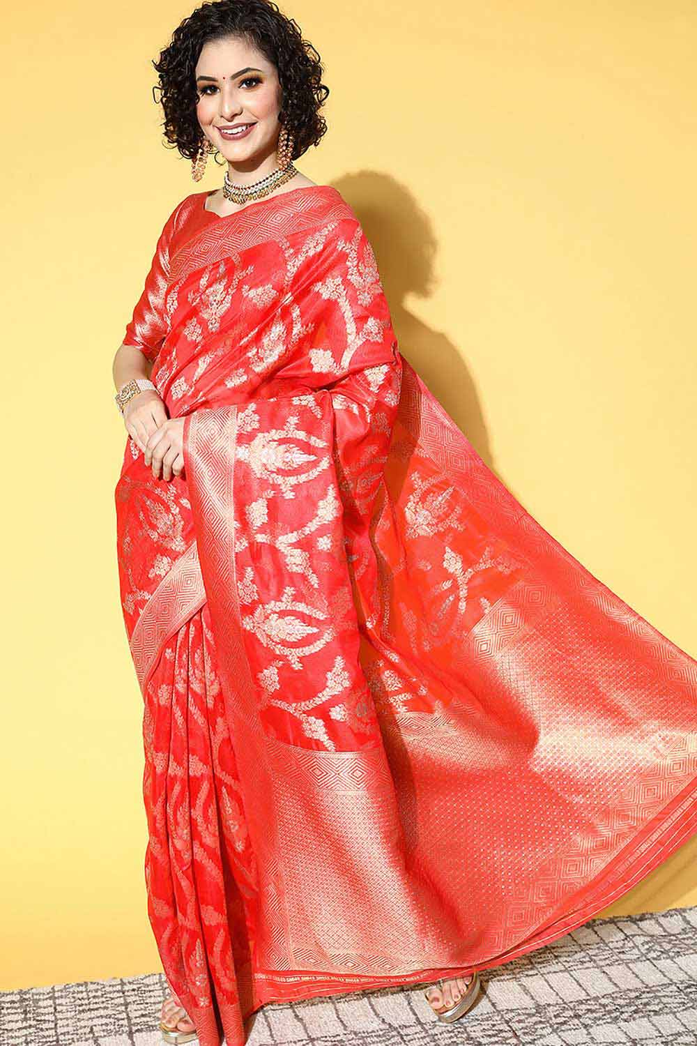 Buy Deana Red Organza Ethnic Motif Woven Design One Minute Saree Online - One Minute Saree