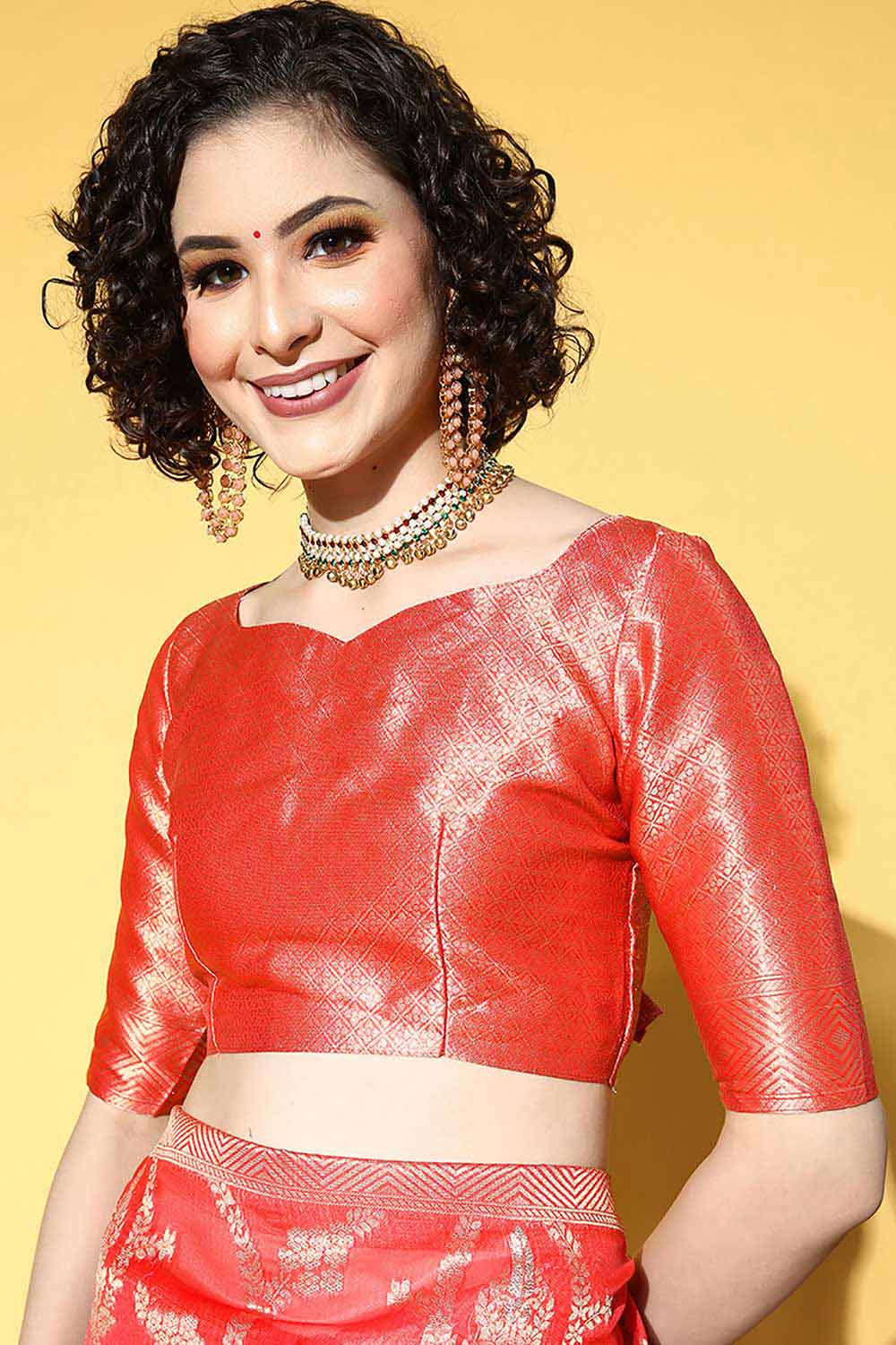 Buy Deana Red Organza Ethnic Motif Woven Design One Minute Saree Online - Front