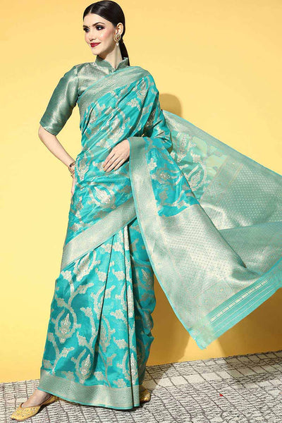 Buy Iskat Turquoise Organza Ethnic Motif Woven Design One Minute Saree Online - One Minute Saree