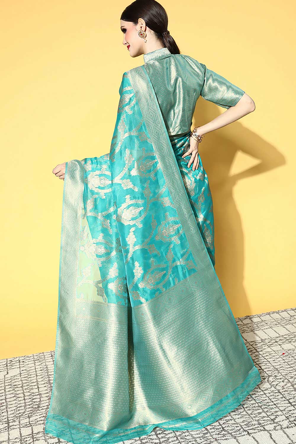 Shop Iskat Turquoise Organza Ethnic Motif Woven Design One Minute Saree at best offer at our  Store - One Minute Saree