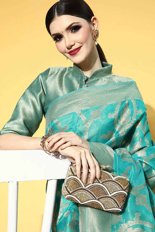 Buy Iskat Turquoise Organza Ethnic Motif Woven Design One Minute Saree Online