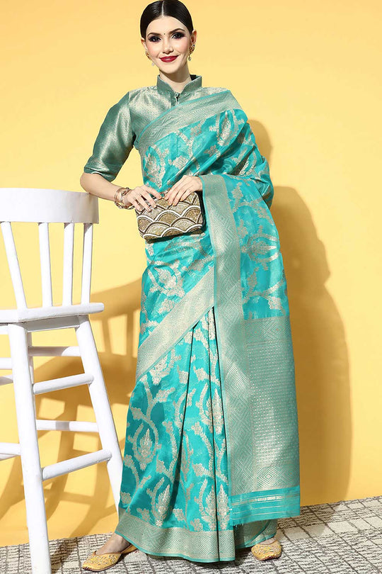 Buy Iskat Turquoise Organza Ethnic Motif Woven Design One Minute Saree Online - Back