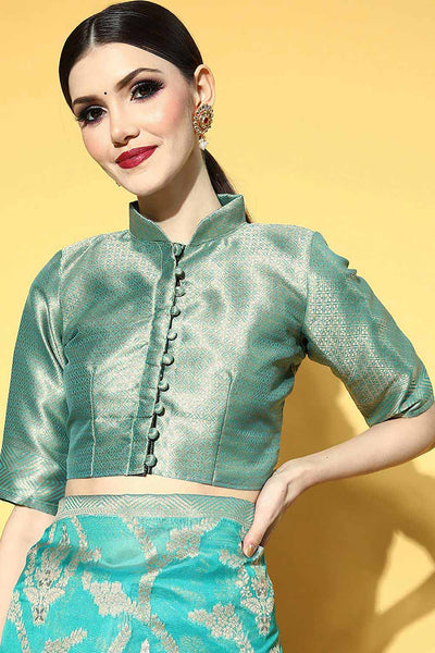 Iskat Turquoise Organza Ethnic Motif Woven Design One Minute Saree