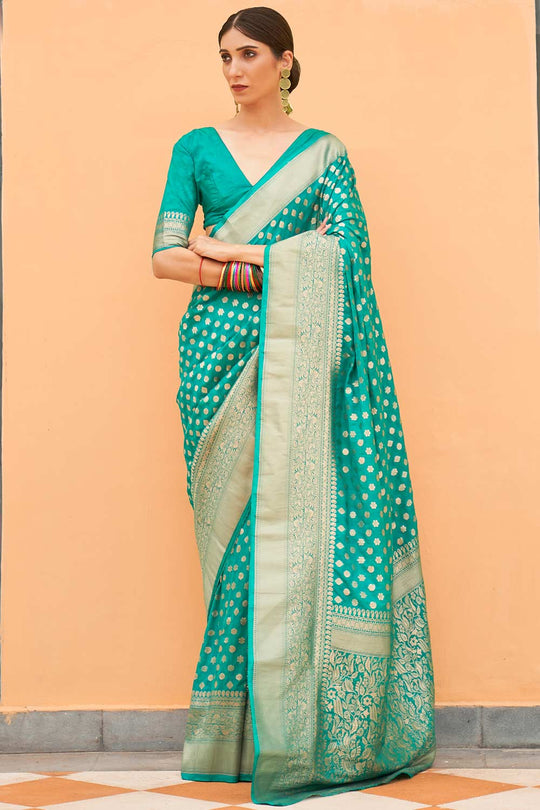 Buy Hazel Sea Green Nylon Floral Banarasi One Minute Saree Online - One Minute Saree
