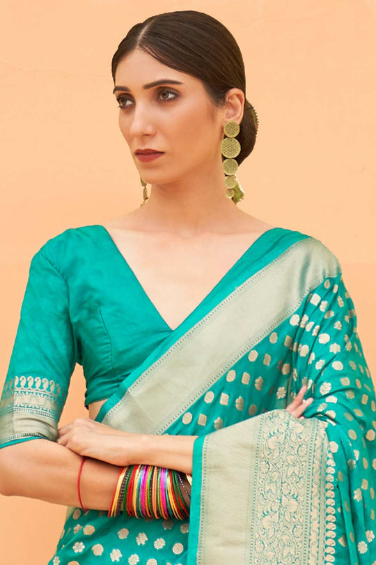 Shop Hazel Sea Green Nylon Floral Banarasi One Minute Saree at best offer at our  Store - One Minute Saree