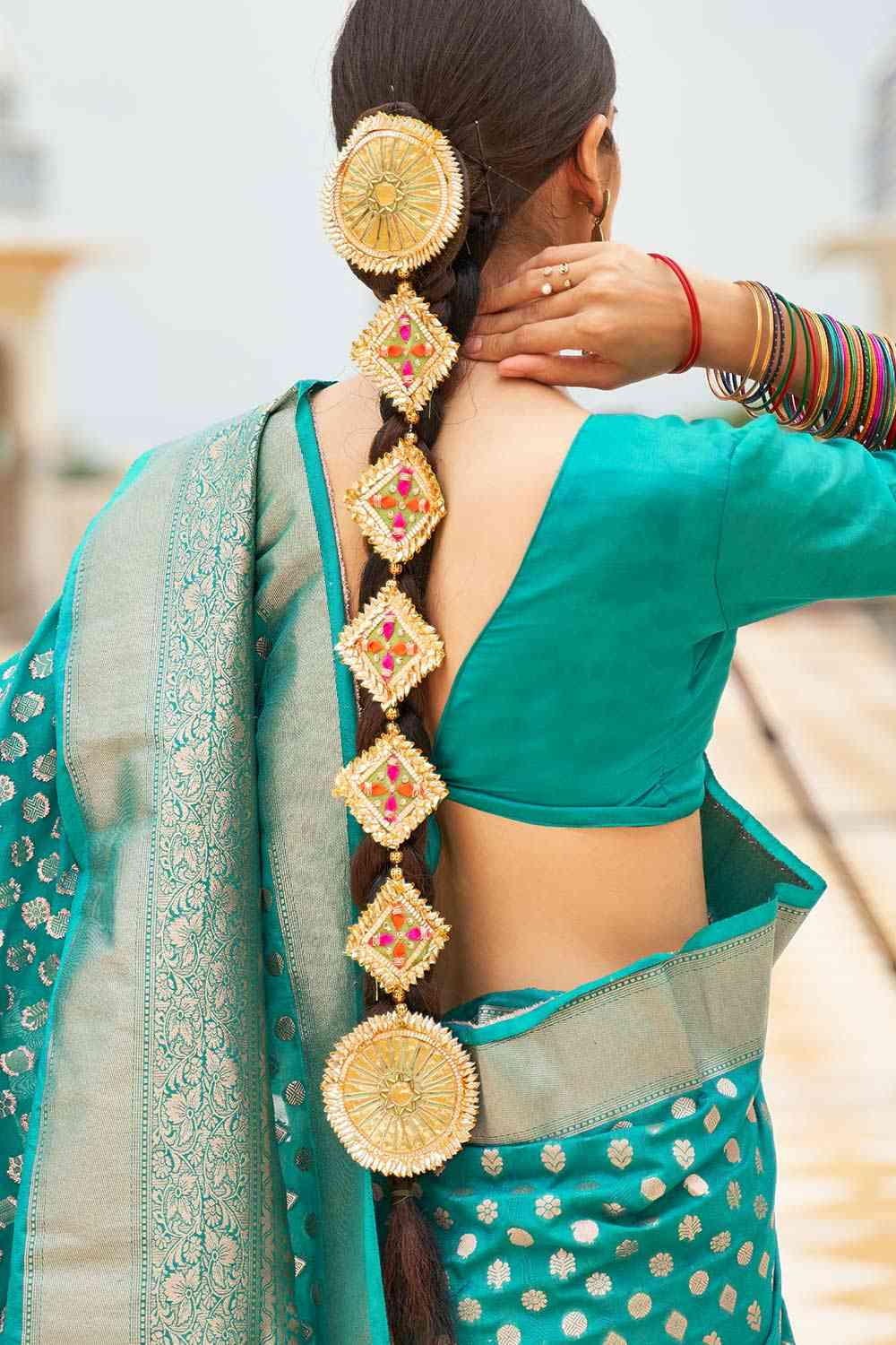 Buy Hazel Sea Green Nylon Floral Banarasi One Minute Saree Online