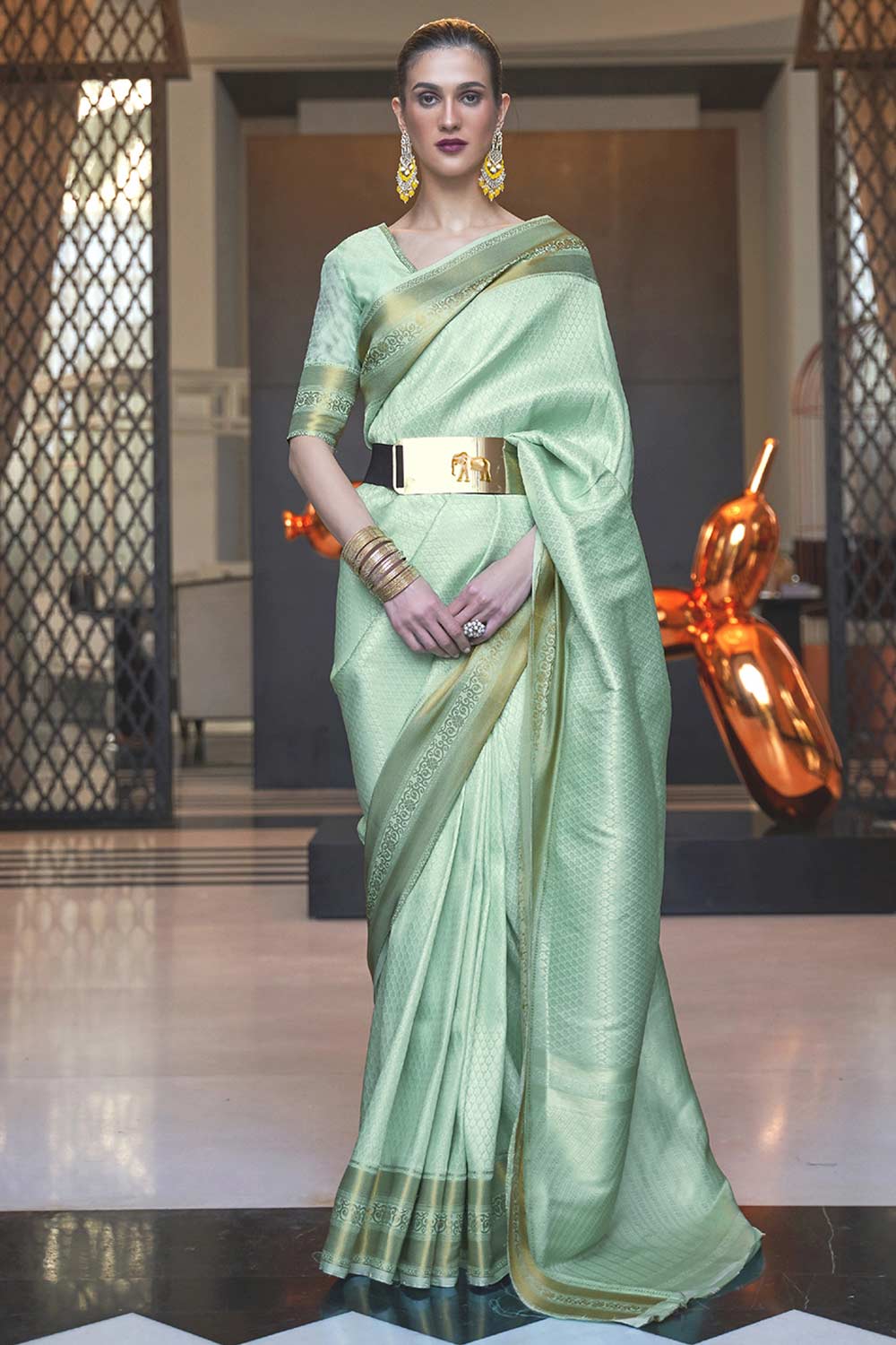 Buy Macey Sea Green Art Silk One Minute Saree Online - One Minute Saree
