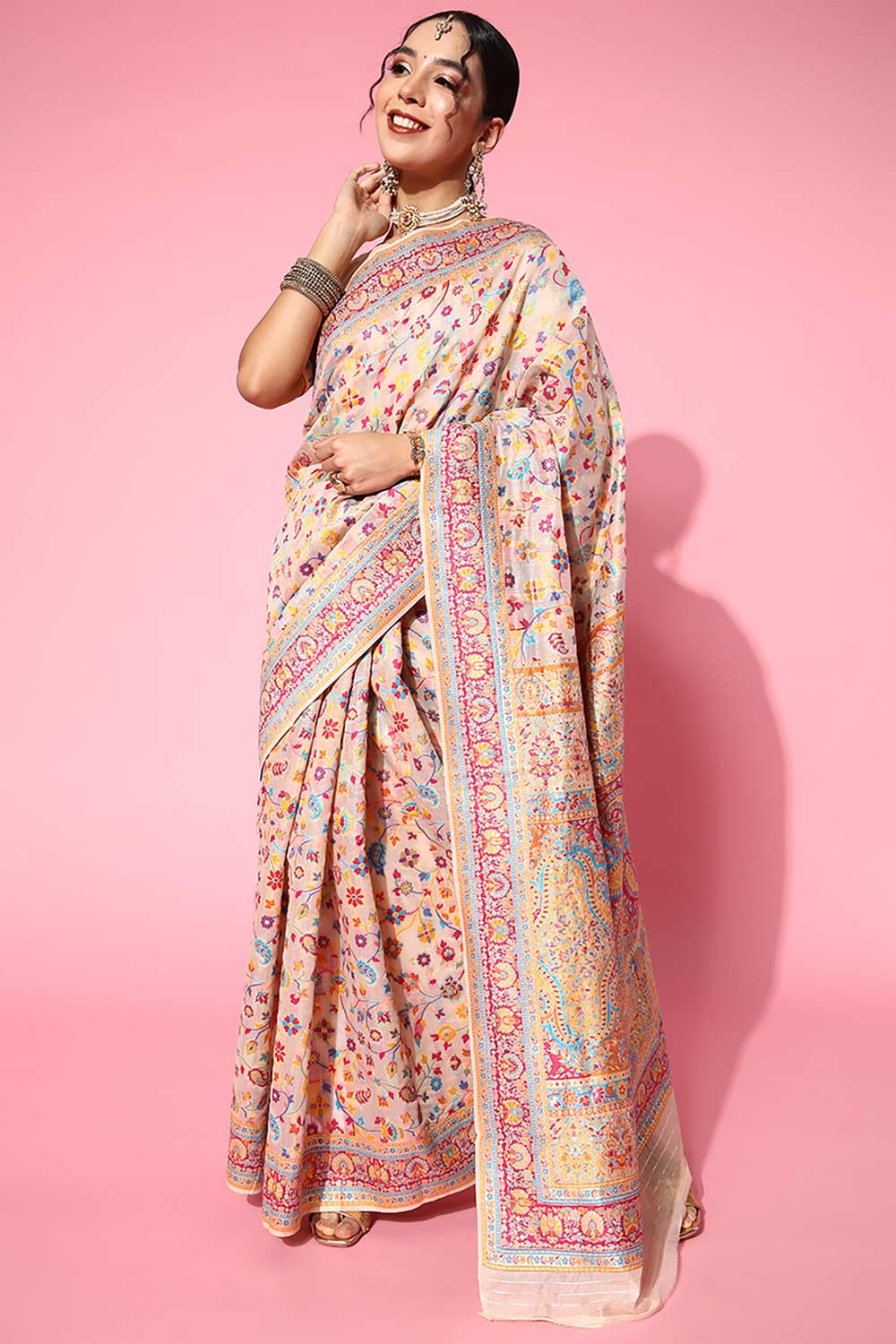 Buy Lara Beige Art Silk Floral One Minute Saree Online - One Minute Saree
