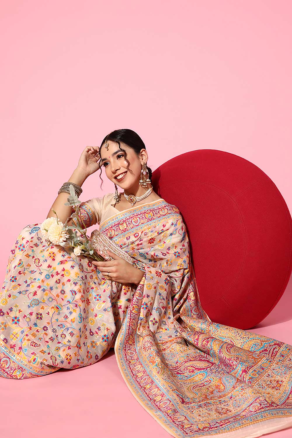 Buy Lara Beige Art Silk Floral One Minute Saree Online