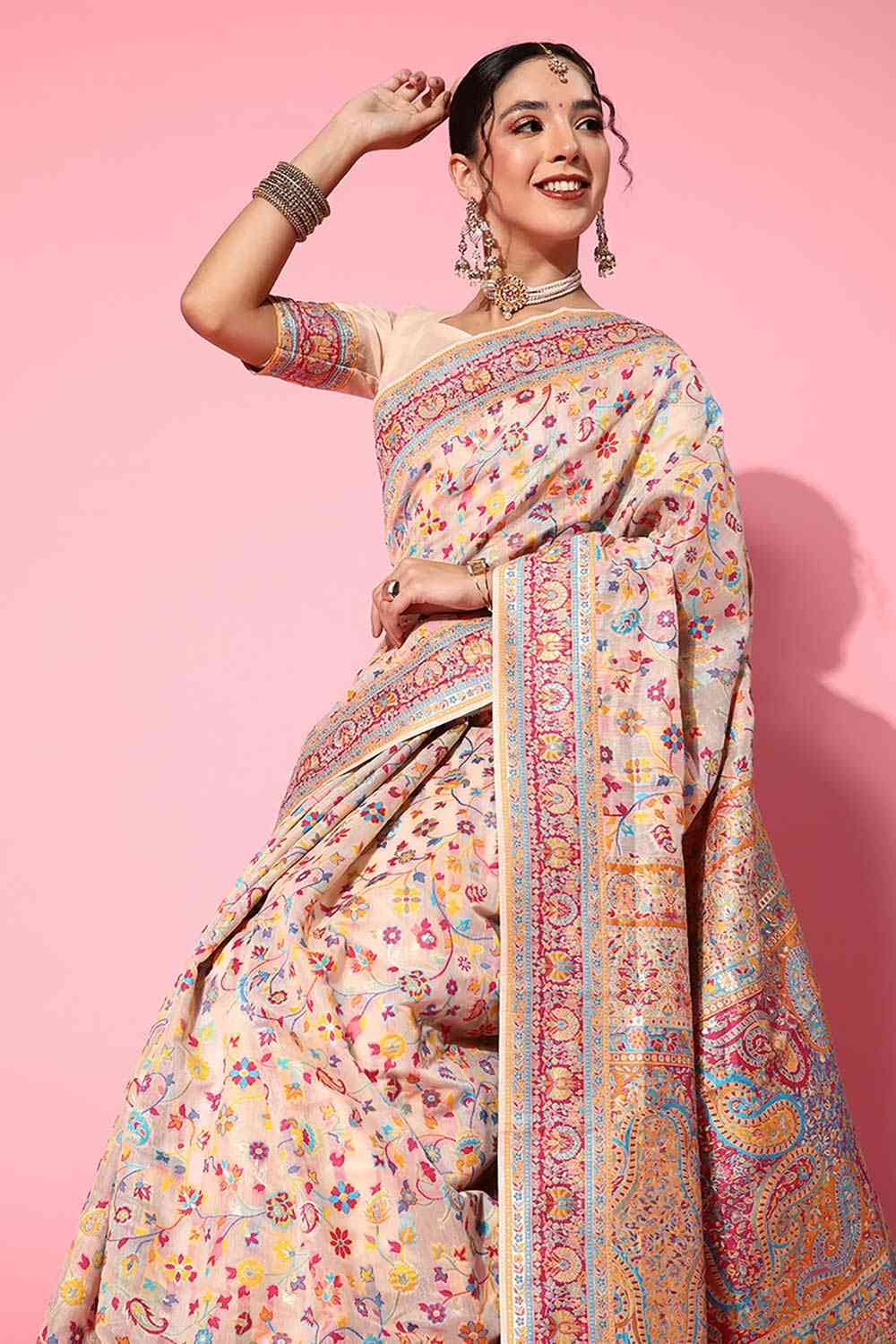 Buy Lara Beige Art Silk Floral One Minute Saree Online - Back