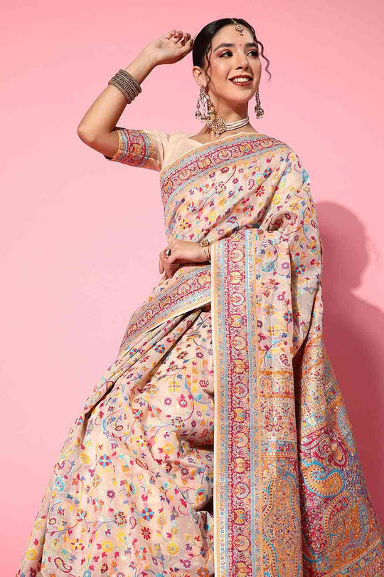 Buy Lara Beige Art Silk Floral One Minute Saree Online - Back