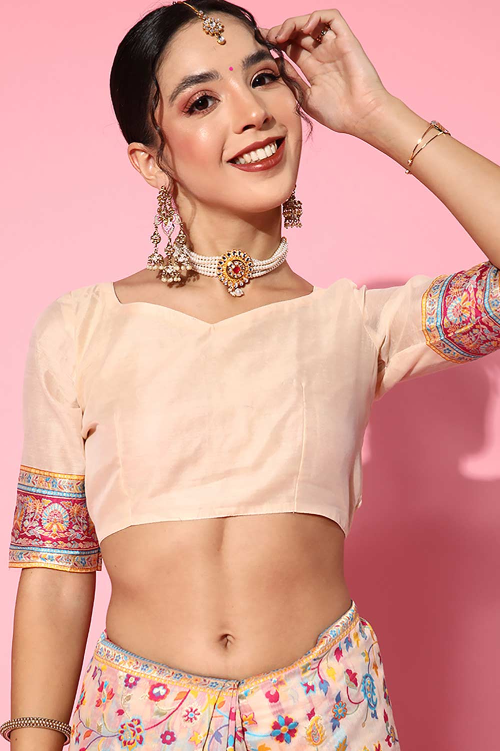 Buy Lara Beige Art Silk Floral One Minute Saree Online - Front