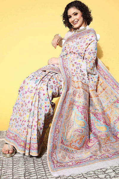 Jenna Cream Silk Blend Floral Woven Design One Minute Saree