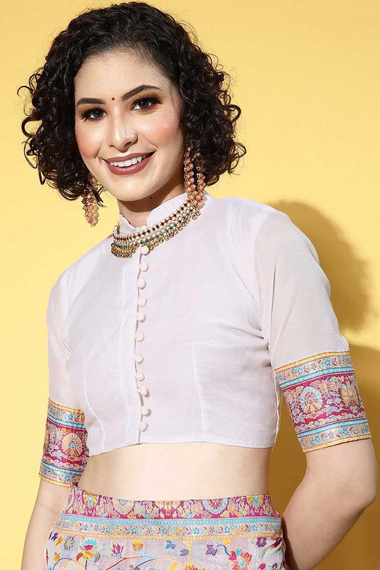 Buy Jenna Multi-Color Silk Blend Floral Woven Design One Minute Saree Online - Front