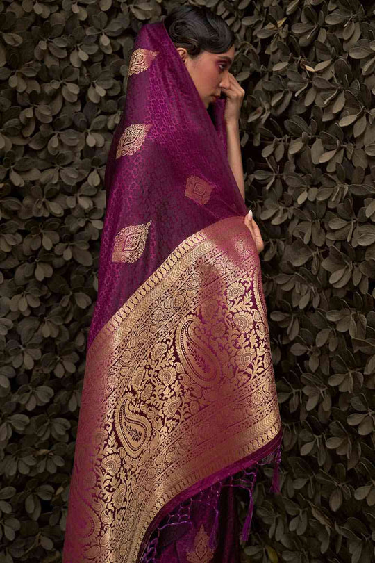 Shop Vera Burgundy Pure Silk Bagh Woven Design Banarasi One Minute Saree at best offer at our  Store - One Minute Saree