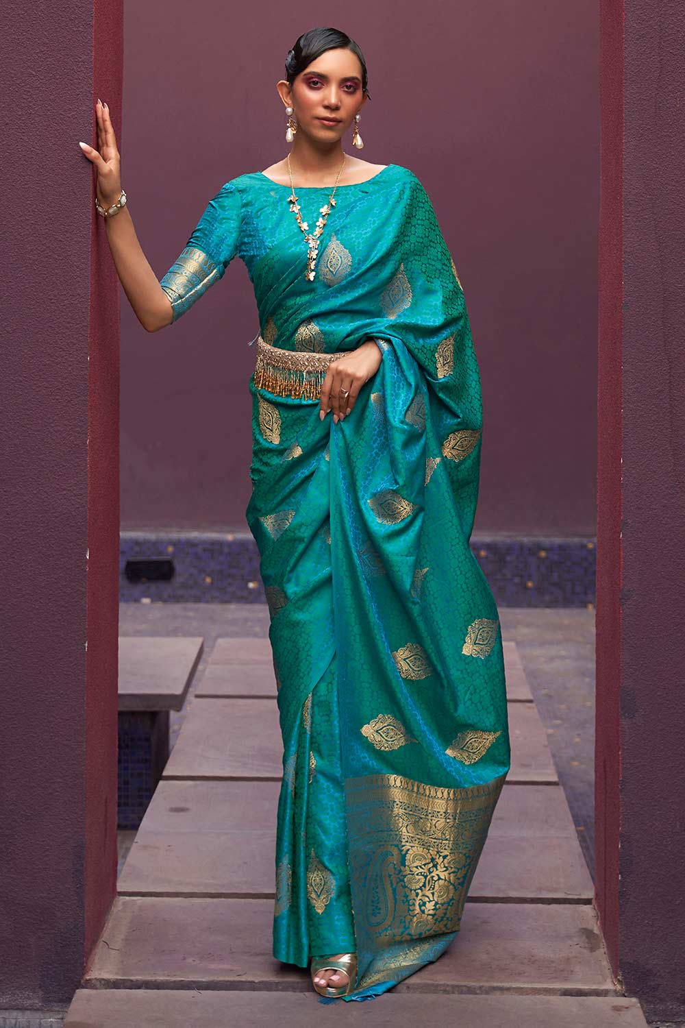 Buy Usha Teal Blue Pure Silk Banarasi One Minute Saree Online - One Minute Saree