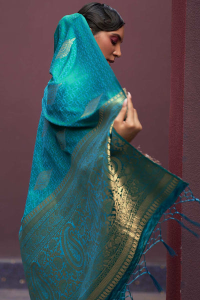 Shop Usha Teal Blue Pure Silk Banarasi One Minute Saree at best offer at our  Store - One Minute Saree