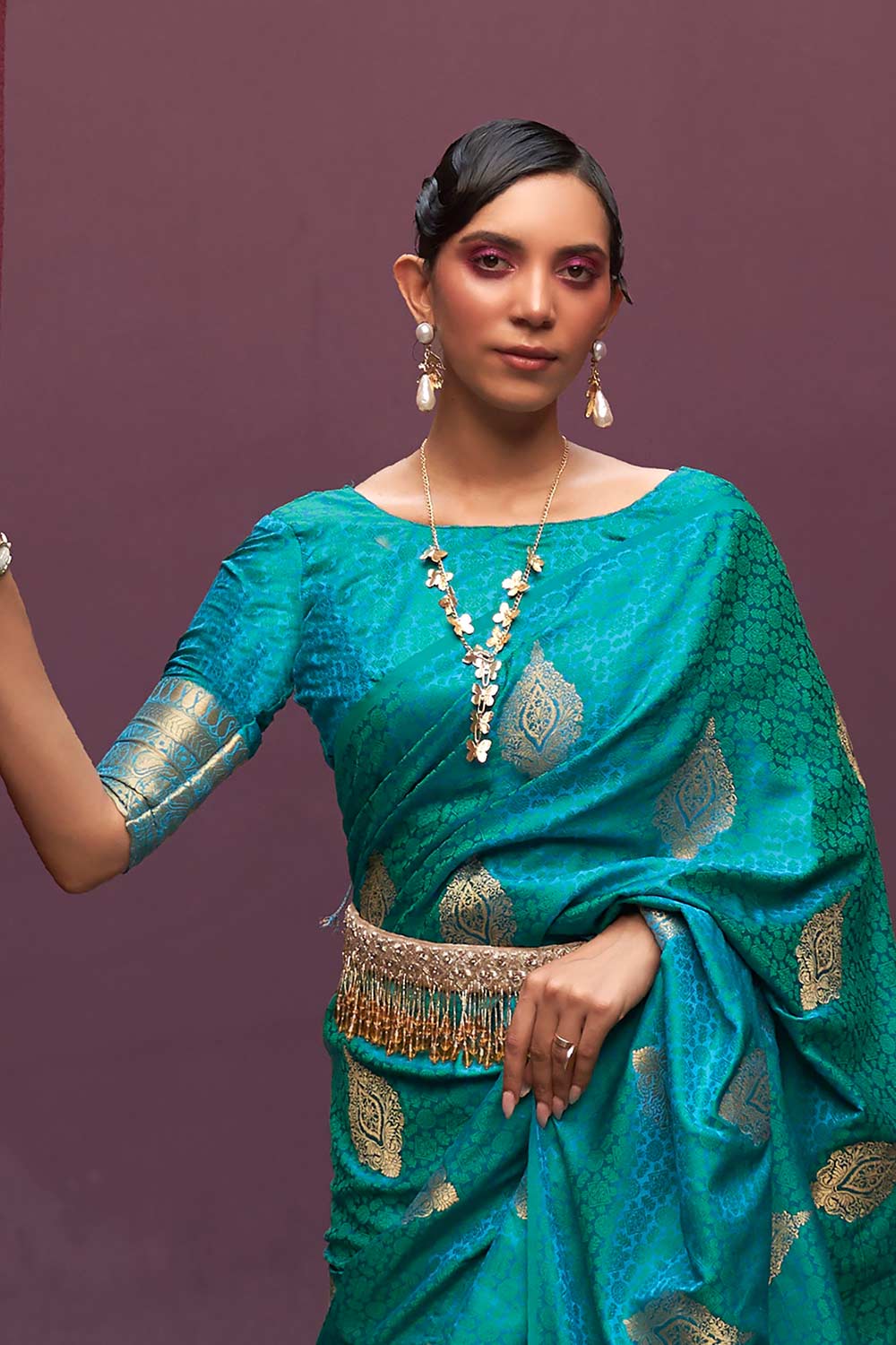 Buy Usha Teal Blue Pure Silk Banarasi One Minute Saree Online